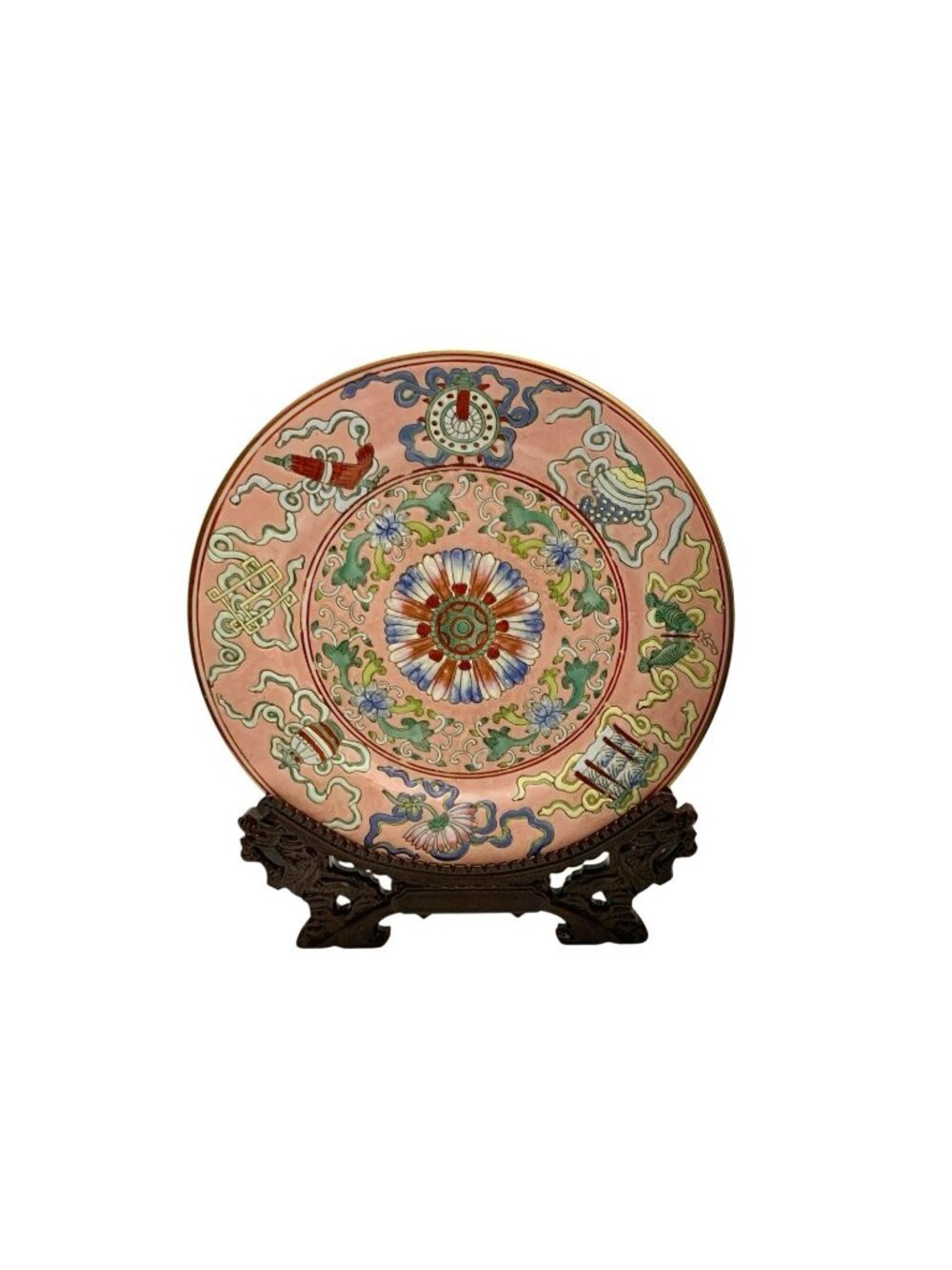 Plate Family Rose Antique Chinese Qing Dynasty with Stand Collectible Decor